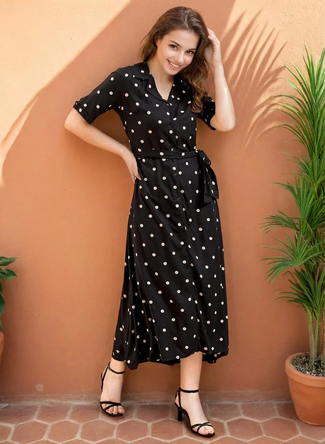 Freehand Black Polka Dot Short Sleeve Midi Dress