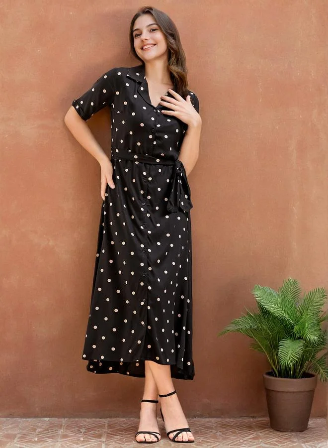Freehand Black Polka Dot Short Sleeve Midi Dress