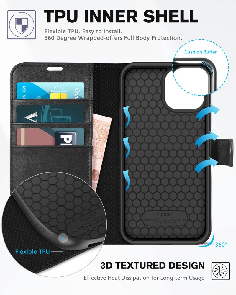 TUCCH TUCCH Case for iPhone 13 Wallet Case, PU Leather Flip Folio Case with [Shockproof TPU Inner Shell], RFID Blocking Card Holder Kickstand Phone Cover Compatible with iPhone 13 6.1-inch 2021, Black  - Image 4
