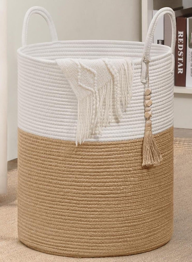 Goodpick Woven Laundry Basket Decorative Blanket Basket for Living Room, Tall Storage Basket for Clothes, Toys, Towels, Wicker Laundry Hamper 15 x 20 Inches, White and Jute,58L  - Image 2