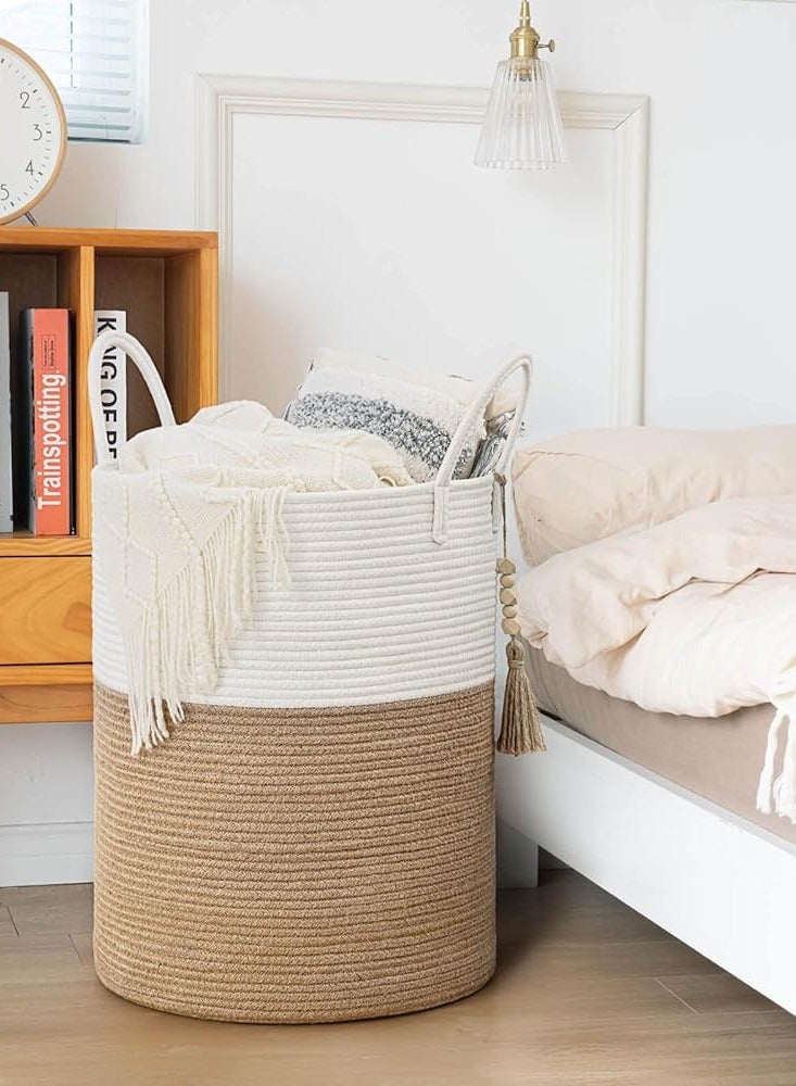 Goodpick Woven Laundry Basket Decorative Blanket Basket for Living Room, Tall Storage Basket for Clothes, Toys, Towels, Wicker Laundry Hamper 15 x 20 Inches, White and Jute,58L  - Image 4