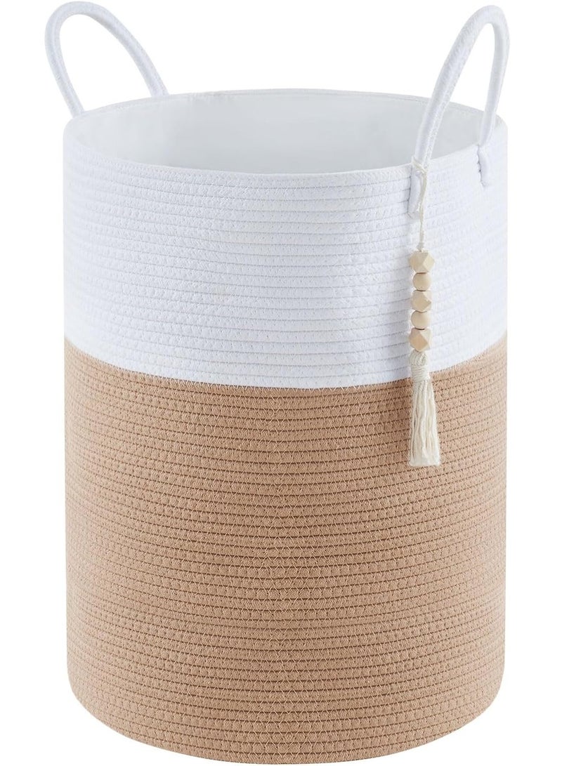 Goodpick Woven Laundry Basket Decorative Blanket Basket for Living Room, Tall Storage Basket for Clothes, Toys, Towels, Wicker Laundry Hamper 15 x 20 Inches, White and Jute,58L  - Image 1