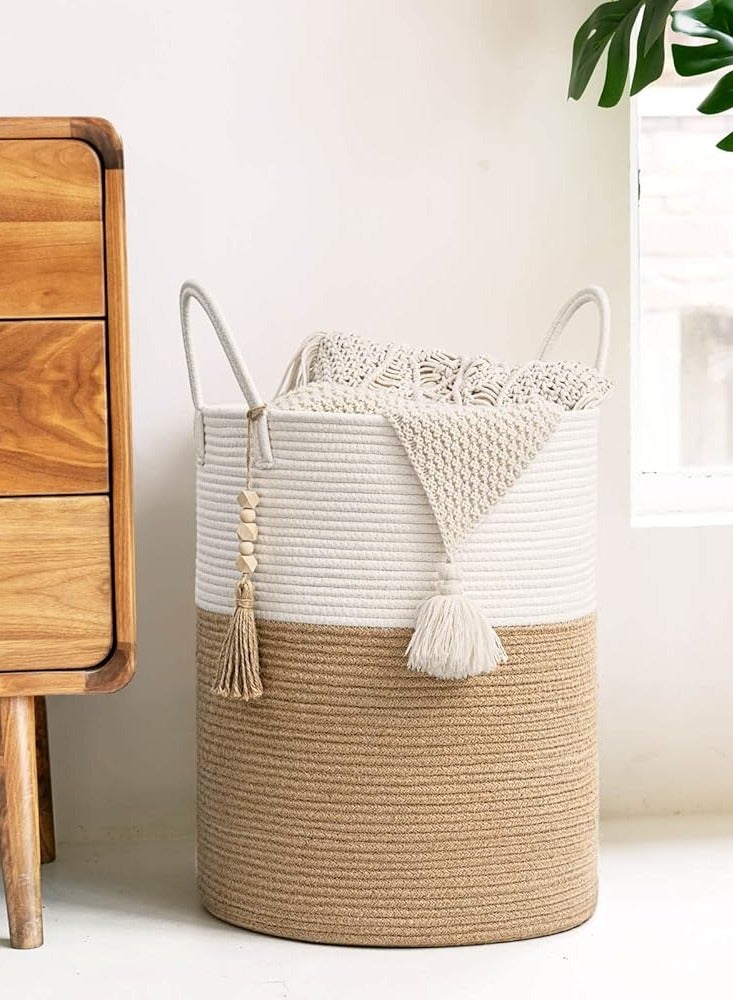 Goodpick Woven Laundry Basket Decorative Blanket Basket for Living Room, Tall Storage Basket for Clothes, Toys, Towels, Wicker Laundry Hamper 15 x 20 Inches, White and Jute,58L  - Image 3