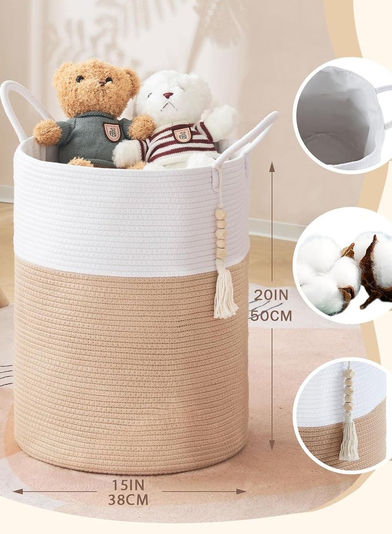 Goodpick Woven Laundry Basket Decorative Blanket Basket for Living Room, Tall Storage Basket for Clothes, Toys, Towels, Wicker Laundry Hamper 15 x 20 Inches, White and Jute,58L  - Image 5