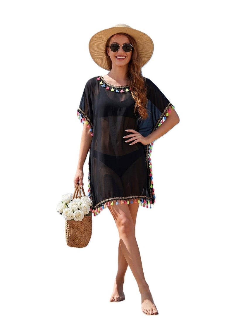 Pipo Bebo Women's Chiffon Mayo Cover-Up, Black with Tassels, Short Beach Kaftan - Image 1