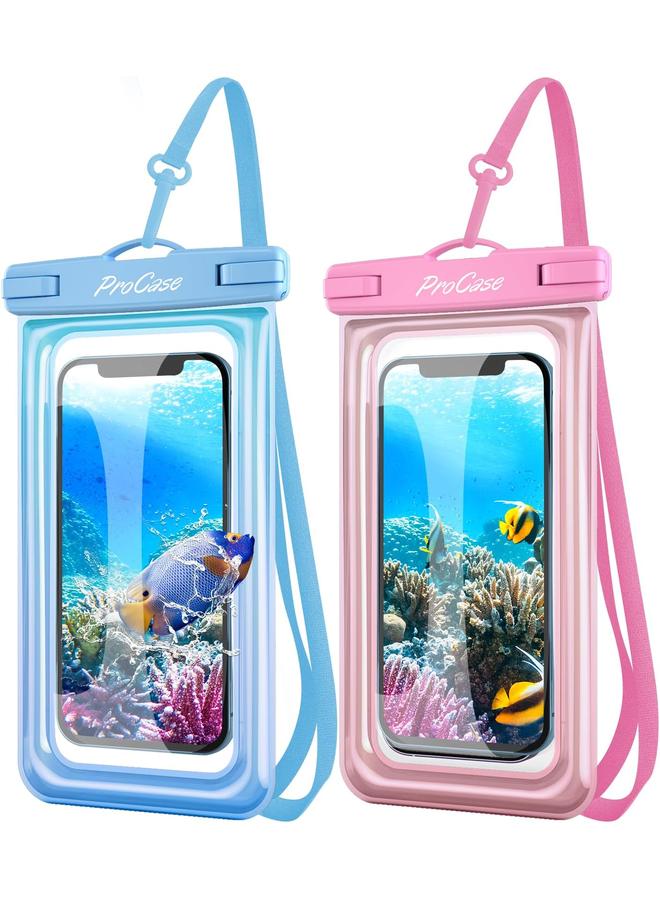 Procases Floating Waterproof Phone Pouch Universal Float Underwater Dry Bag Case For Iphone 13 Pro Max 12 Pro Max 11 Xs Xr 8 7 Plus Galaxy Pixel Up To 7.0" For Beach Swimming 2 Pack Pink Blue - Image 1