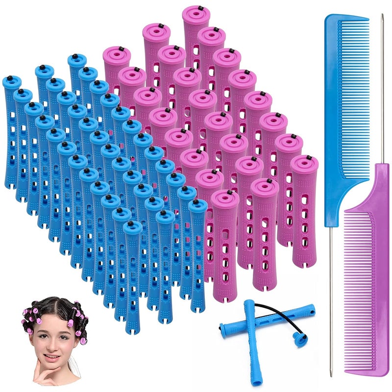 62 PCS Hair Perm Rods Set Ahier 60 Short Cold Wave Rods Plastic Hair Curling Rollers Curlers 2 Size with 2 Stainless Steel Rat Tail Comb for Hairdressing Styling Supplies