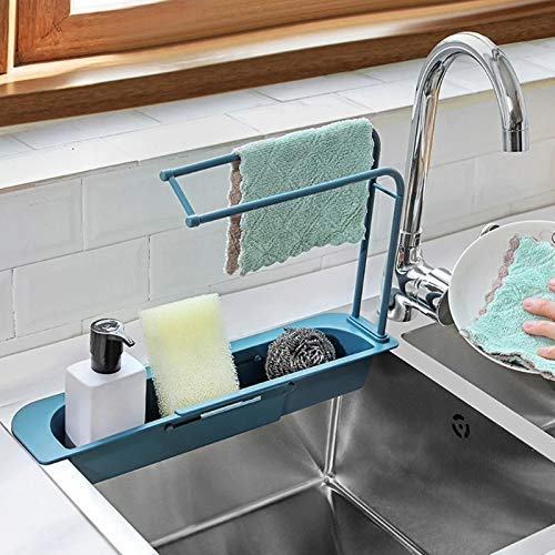JIGVA Plastic Long Sink Shelf Expandable Kitchen Drying Basket Rack Sink Sponge Shelf BrushSoap Drainer Rack Telescopic Sink Storage Rack Multicolor - Image 1