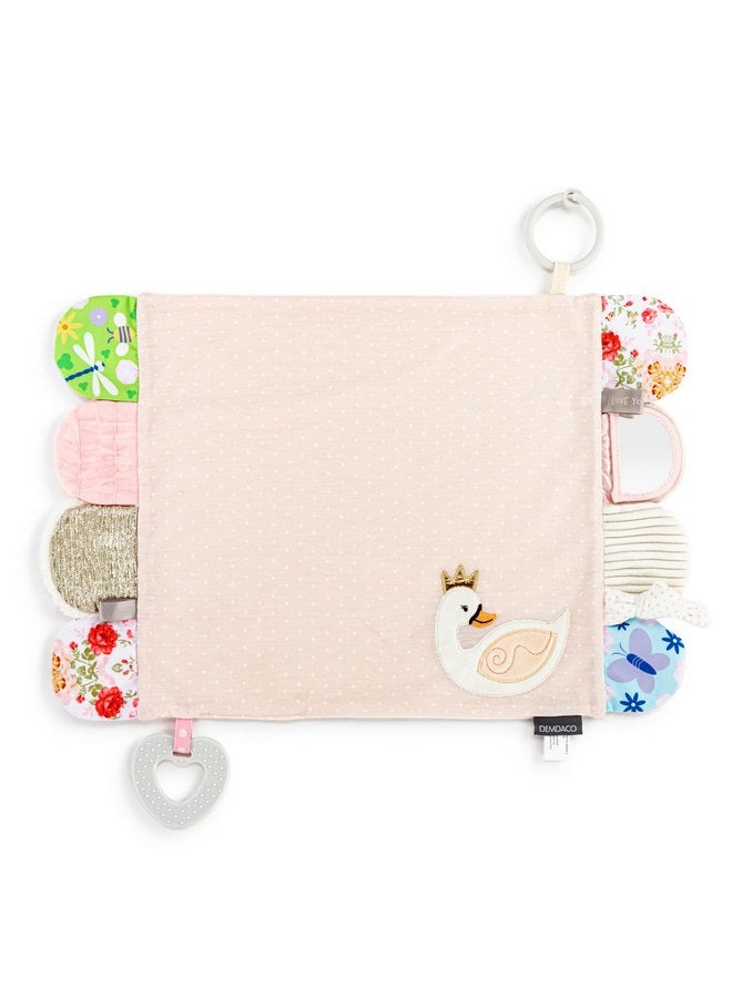 DEMDACO DEMDACO Mommy & Me Colorful 17 x 11.5 Inch Textured Fabric, Teething Ring, Tactile, Stroller Clip-on, Activity Blanket, Blankie, Pink, Swan  - Image 1