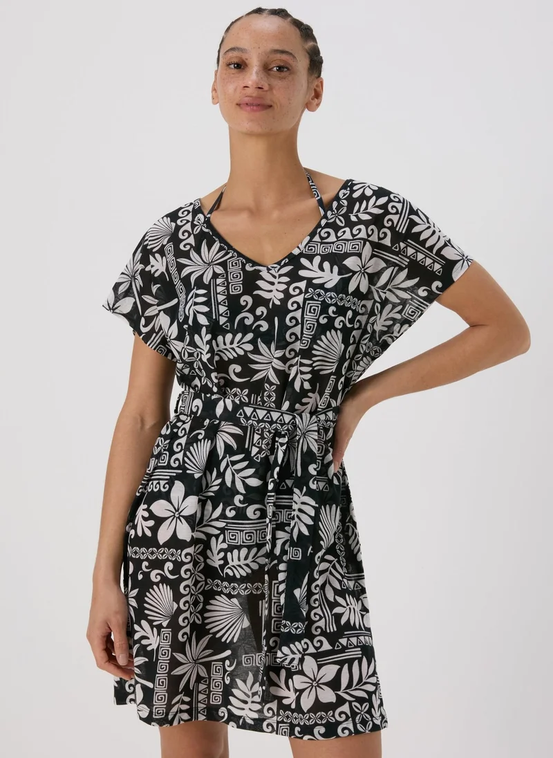 Matalan Black Leaf Print Jersey Kaftan