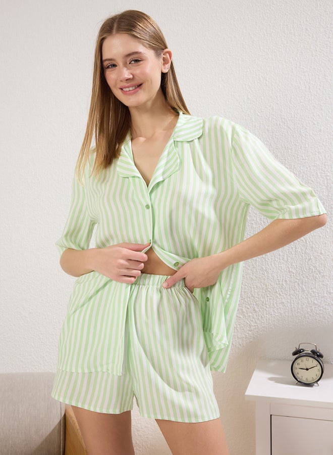 trendyol Green Striped Viscose Top Wide Pattern Shorts Woven Pajama Set  - Image 1
