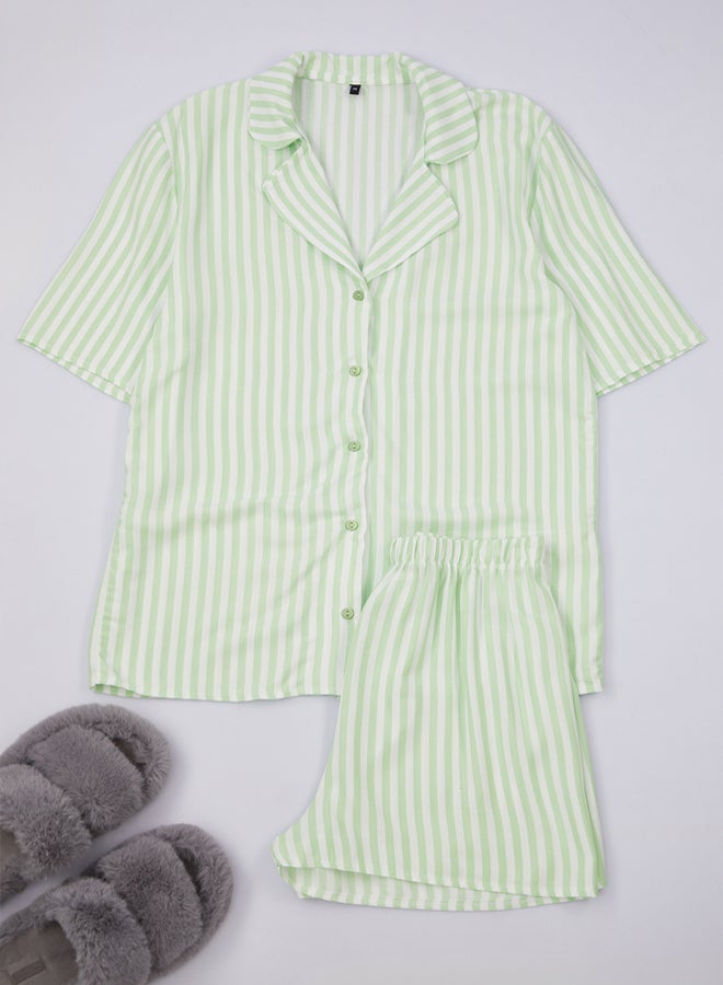 trendyol Green Striped Viscose Top Wide Pattern Shorts Woven Pajama Set  - Image 5