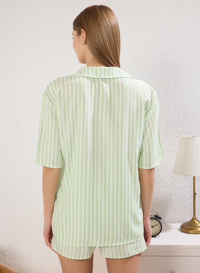 trendyol Green Striped Viscose Top Wide Pattern Shorts Woven Pajama Set  - Image 4