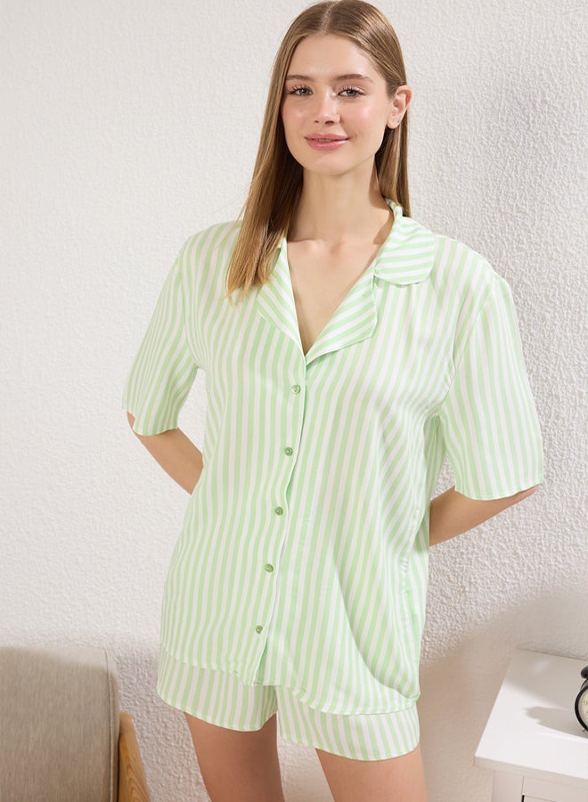 trendyol Green Striped Viscose Top Wide Pattern Shorts Woven Pajama Set  - Image 2