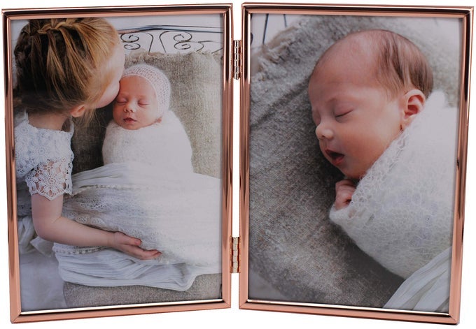 Concise Hinged Double Picture Frame Silver PlatedStanding Vertical5 by 7 InchBest For Home Or Office Table Decor rose gold