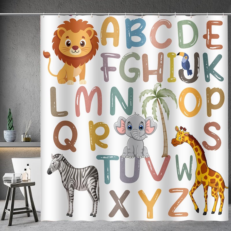 SIMSAN Kids ABC Shower Curtain, Cute Alphabet Animal Jungle Educational Bathroom Decor for Toddler Boys Girls Toddler 72 X 72 Inch Princess Polyester Fabric Bath Curtain Set for Kids with 12 Hooks - Image 1