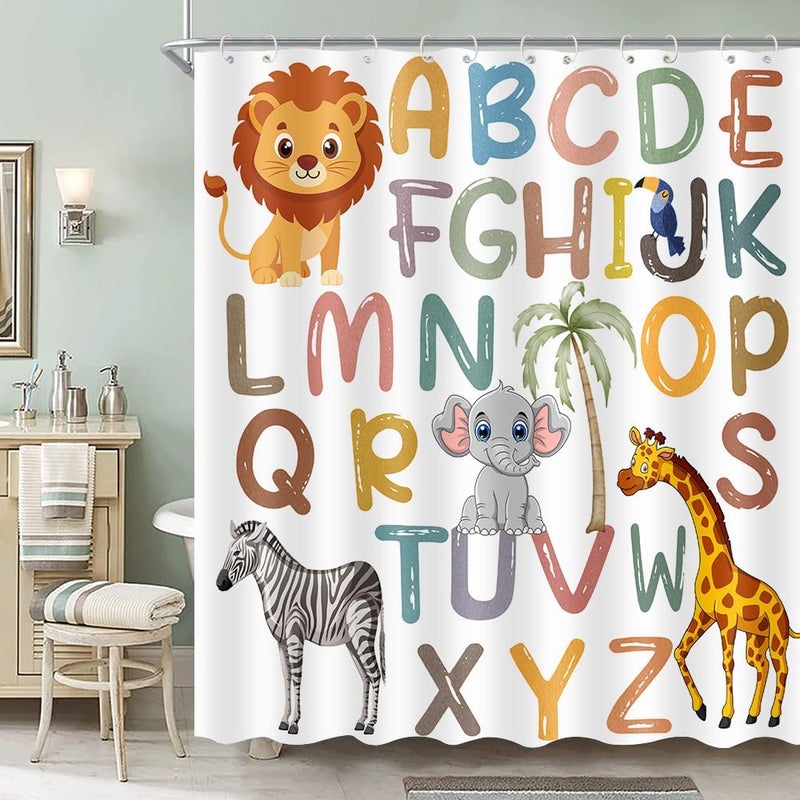 SIMSAN Kids ABC Shower Curtain, Cute Alphabet Animal Jungle Educational Bathroom Decor for Toddler Boys Girls Toddler 72 X 72 Inch Princess Polyester Fabric Bath Curtain Set for Kids with 12 Hooks - Image 2