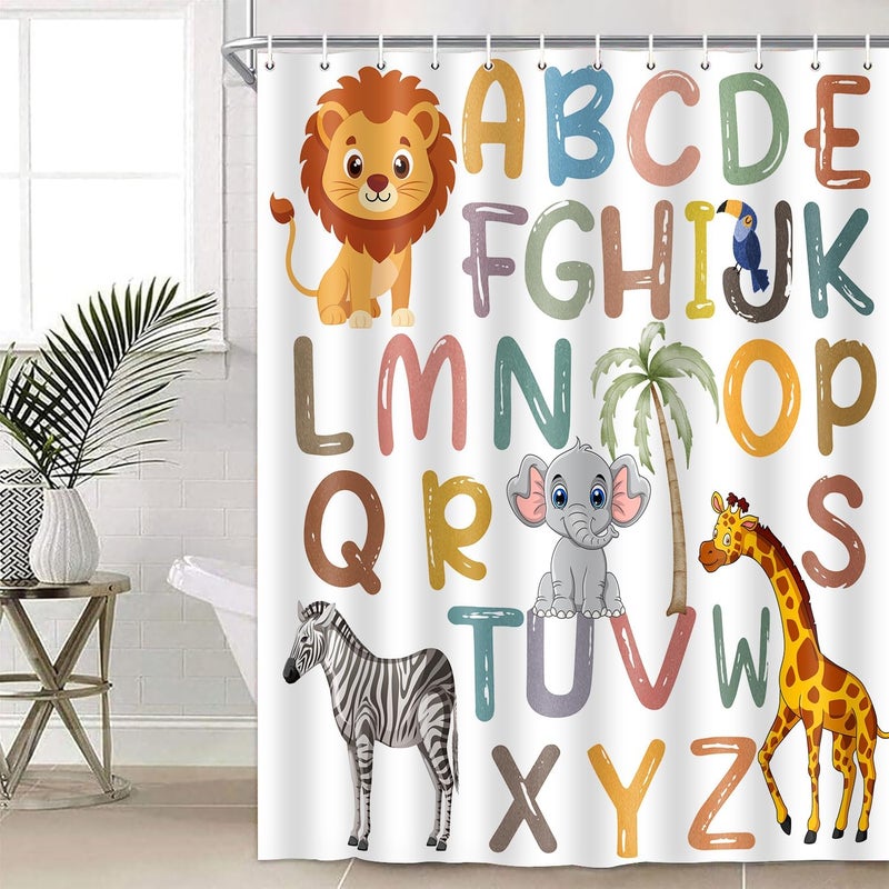SIMSAN Kids ABC Shower Curtain, Cute Alphabet Animal Jungle Educational Bathroom Decor for Toddler Boys Girls Toddler 72 X 72 Inch Princess Polyester Fabric Bath Curtain Set for Kids with 12 Hooks - Image 3