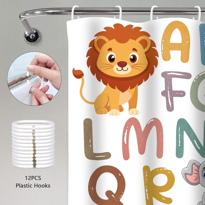 SIMSAN Kids ABC Shower Curtain, Cute Alphabet Animal Jungle Educational Bathroom Decor for Toddler Boys Girls Toddler 72 X 72 Inch Princess Polyester Fabric Bath Curtain Set for Kids with 12 Hooks - Image 4