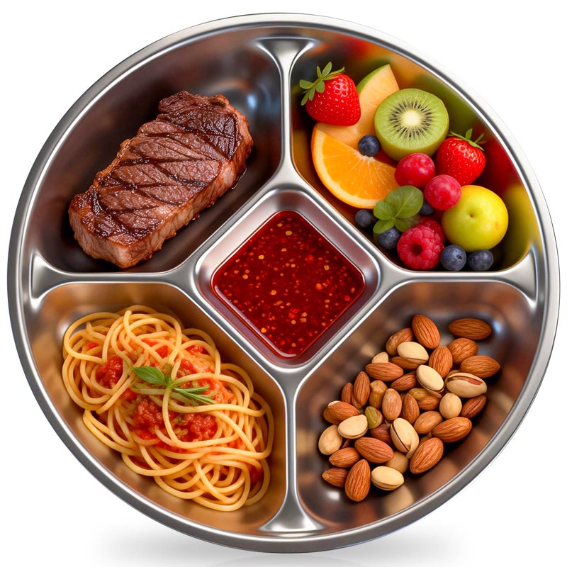 YEJZXY Stainless Steel Divided Dinner Plate 8.5'' Reusable Portion Control Plate - Metal Separated Plates Lunch Dinner Tray Set - Round Serving Platter, BPA-Free for Meal Prep, Work, Family (1) - Image 1