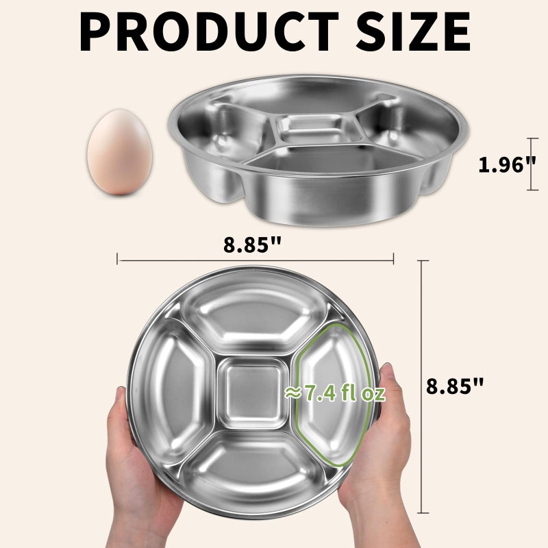 YEJZXY Stainless Steel Divided Dinner Plate 8.5'' Reusable Portion Control Plate - Metal Separated Plates Lunch Dinner Tray Set - Round Serving Platter, BPA-Free for Meal Prep, Work, Family (1) - Image 3