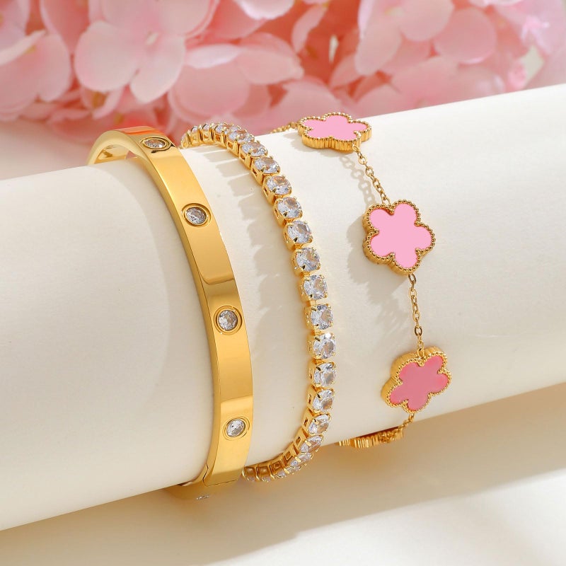 MPRAINBOW Womens Stackable Floral Gold Bracelets - 3Pcs 18K Gold Plated Bracelet,Stainless Steel Bangle Bracelets Non Tarnish, Bracelet Set Trendy Jewelry,Christmas Valentines Birthday Gifts for Girlfriend - Image 5