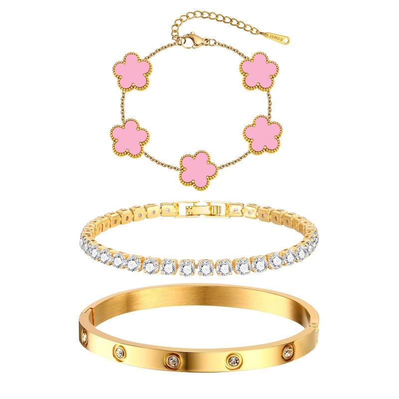 MPRAINBOW Womens Stackable Floral Gold Bracelets - 3Pcs 18K Gold Plated Bracelet,Stainless Steel Bangle Bracelets Non Tarnish, Bracelet Set Trendy Jewelry,Christmas Valentines Birthday Gifts for Girlfriend - Image 1