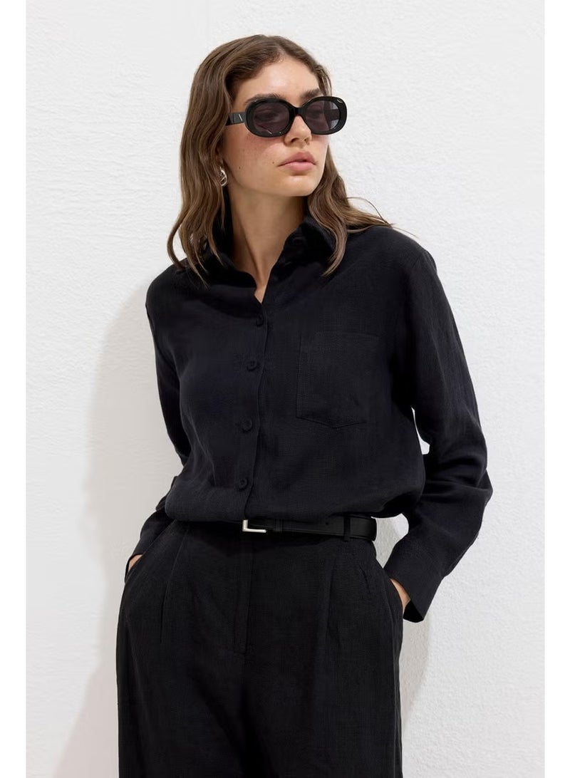 Manuka Coated Buttoned Linen Fit Shirt Black - Image 1