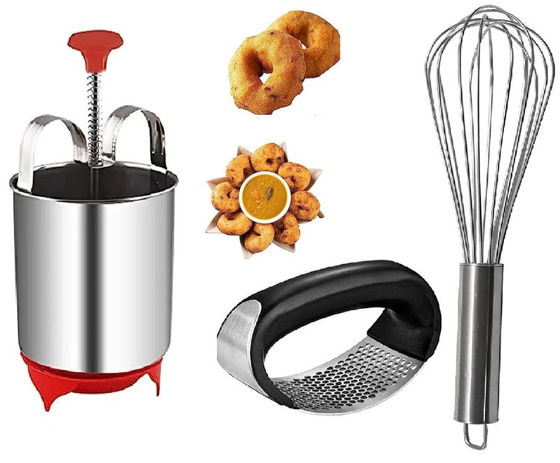 SHOPOBOX Kitchen Tool Stainless Steel Medu Vada Maker Garlic Presser Whisker Combo 3 - Image 1