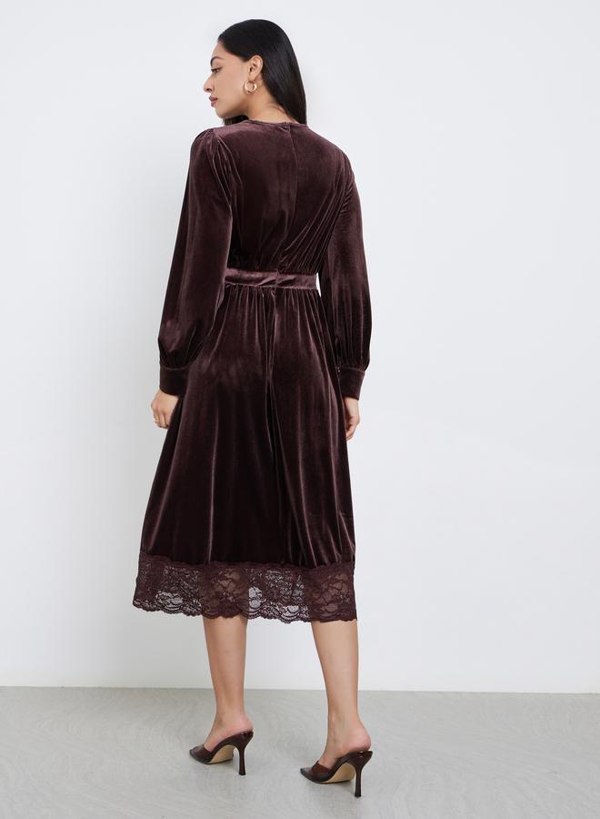 Styli Brown Velvet Look Lace Trim A-Line Midi Dress - Image 4
