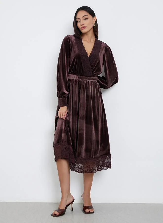 Styli Styli Brown Velvet Look Lace Trim A-Line Midi Dress
