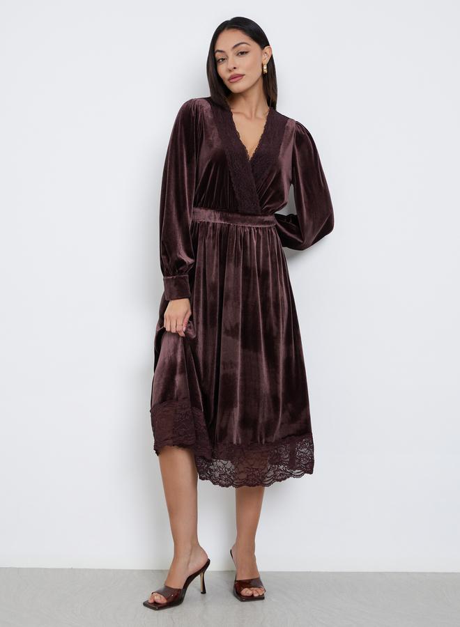 Styli Brown Velvet Look Lace Trim A-Line Midi Dress - Image 2