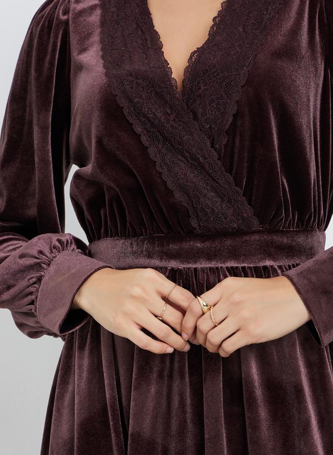 Styli Brown Velvet Look Lace Trim A-Line Midi Dress - Image 3