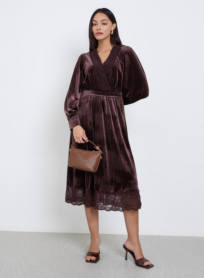 Styli Brown Velvet Look Lace Trim A-Line Midi Dress