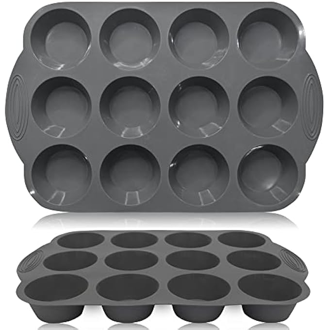 طقم من 2 صينية مافن 12 كوب قالب خبز كبير من السيليكون للكعك أو كب كيك خبز كب كيك غير لاصق 33 × 22 × 3 سم رمادي - Image 1