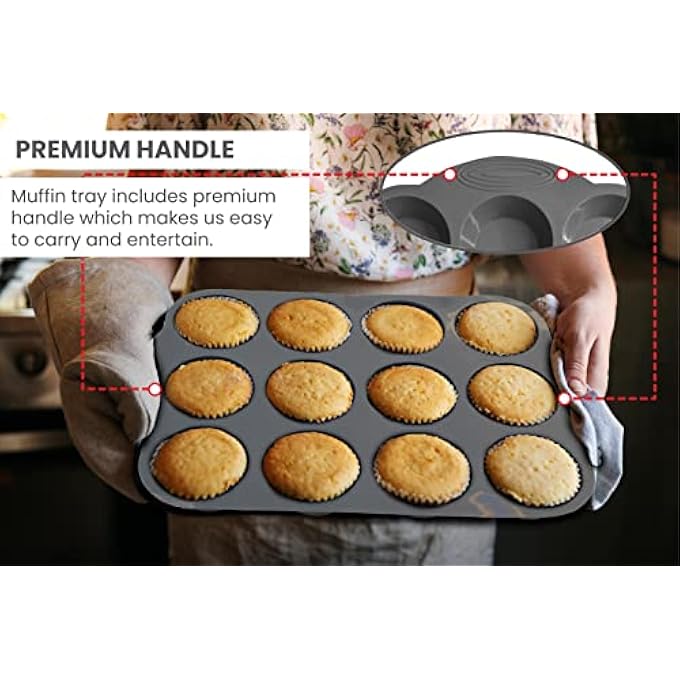 طقم من 2 صينية مافن 12 كوب قالب خبز كبير من السيليكون للكعك أو كب كيك خبز كب كيك غير لاصق 33 × 22 × 3 سم رمادي - Image 4