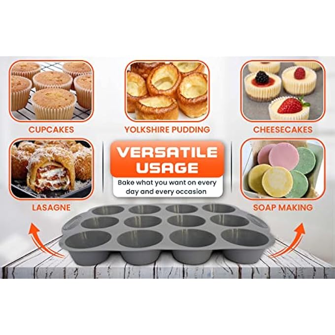 طقم من 2 صينية مافن 12 كوب قالب خبز كبير من السيليكون للكعك أو كب كيك خبز كب كيك غير لاصق 33 × 22 × 3 سم رمادي - Image 5