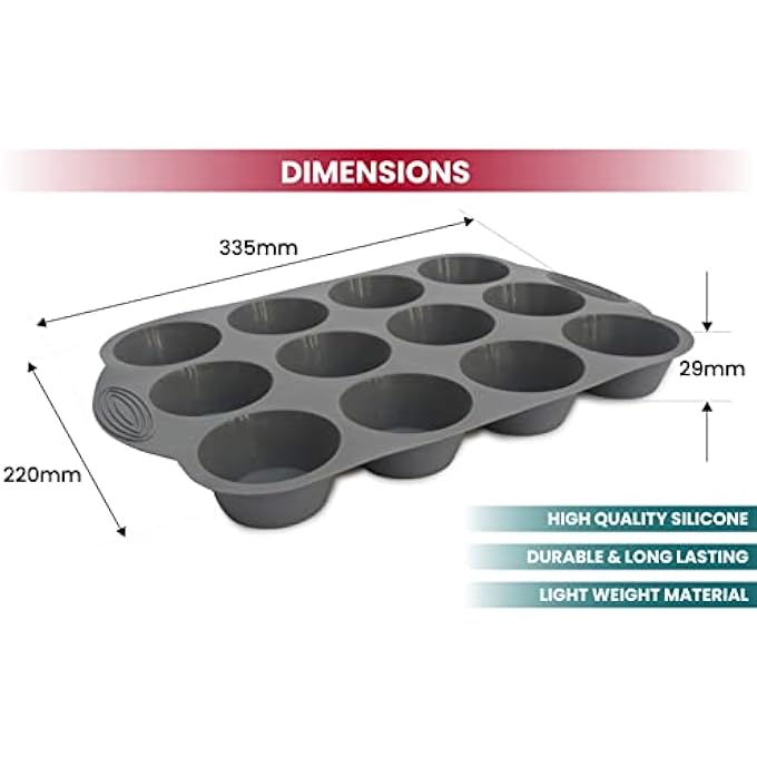 طقم من 2 صينية مافن 12 كوب قالب خبز كبير من السيليكون للكعك أو كب كيك خبز كب كيك غير لاصق 33 × 22 × 3 سم رمادي - Image 2