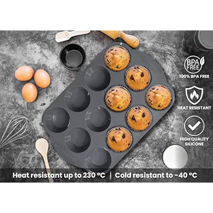 طقم من 2 صينية مافن 12 كوب قالب خبز كبير من السيليكون للكعك أو كب كيك خبز كب كيك غير لاصق 33 × 22 × 3 سم رمادي - Image 3