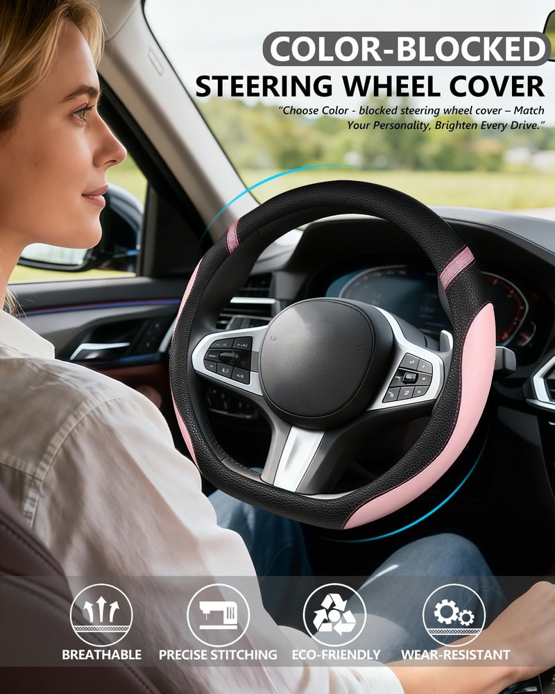 Cxtiy D-Shaped Flat Bottom Steering Wheel Cover for Women Girl - Stylish Car Accessory Non-Slip Car Interior Accessories (Pink) - Image 2