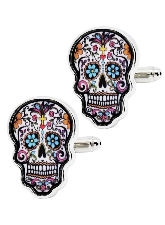 Jonwo Multicolored Print Unique Skull Cufflinks For Men Dress In Gift Case Funny Skull Shape Men'S Cufflinks Set For Wedding Party Birthday Anniversary Dress - Image 1