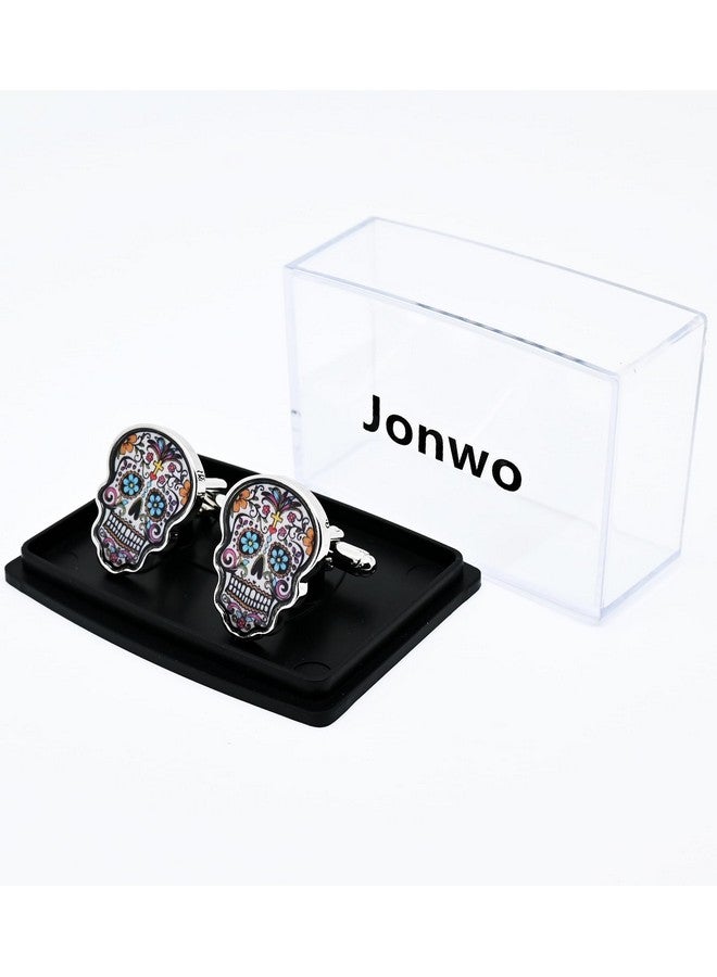 Jonwo Multicolored Print Unique Skull Cufflinks For Men Dress In Gift Case Funny Skull Shape Men'S Cufflinks Set For Wedding Party Birthday Anniversary Dress - Image 3