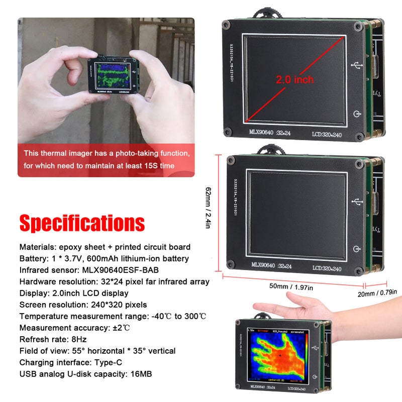 24 * 32 Pixel Infrared Sensor Simple Handheld Thermal Imager Portable 2.0inch LCD Display 240*320 Resolution Clear Definition Imaging Camera -40℃ to 300℃ Temperature Measurement Instrument - Image 3