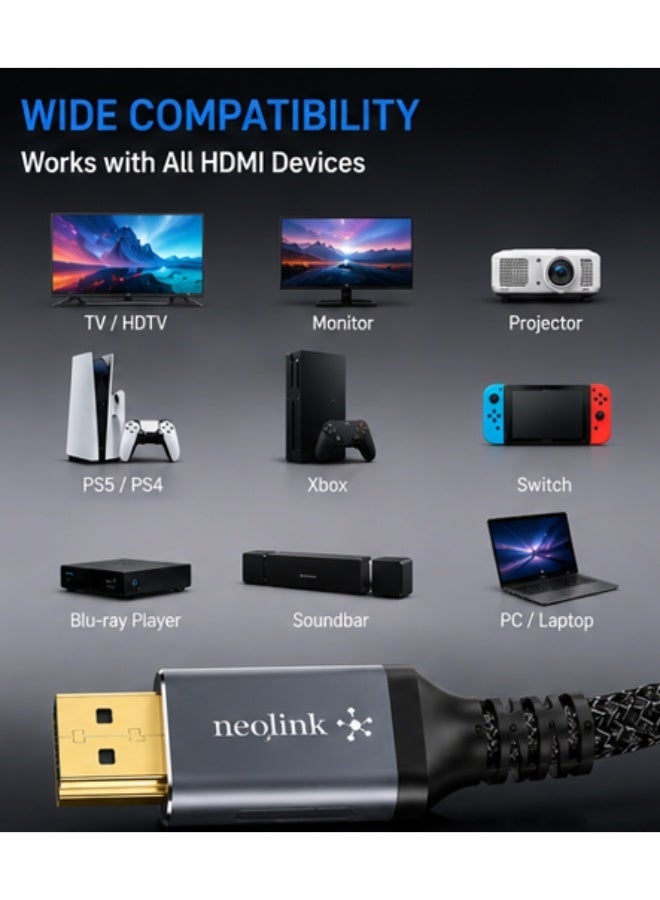 neolink كابل HDMI 2.1 8K من Neolink عالي السرعة بدقة فائقة 48Gbps لتجربة سمعية بصرية متفوقة - 8K@30HZ، 4K@120hz، 144Hz eARC HDR10، HDCP 2.2، متوافق مع Dolby لجهاز PS5، والتلفزيونات الذكية - Image 3
