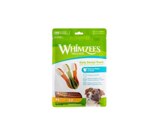 Whimzees Medium Hypoallergenic Toothbrush Shaped Dog Treats (12 Pieces) for Dogs (12-18kg) , 360 gr