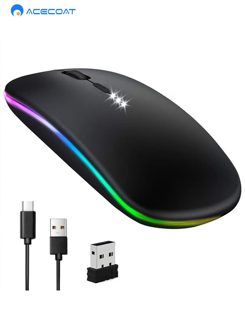ايسكوت ماوس بلوتوث لاسلكي LED RGB، بلوتوث 5.2/3.0 + USB، ماوس بلوتوث لاسلكي صامت قابل لإعادة الشحن بسرعة 2.4 جيجاهرتز، فأرة كمبيوتر مع مستقبل USB - Image 1