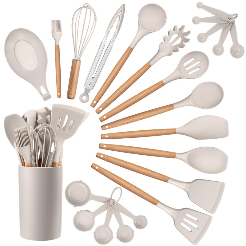HaWare Kitchen Cooking Utensils Set, 23-Piece Silicone Kitchen Utensils Spatula Set with Holder, Heat Resistant Wooden Handle Kitchen Gadget for Nonstick Cookware, Food-grade Turner Spoon Sets (Khaki) - Image 1