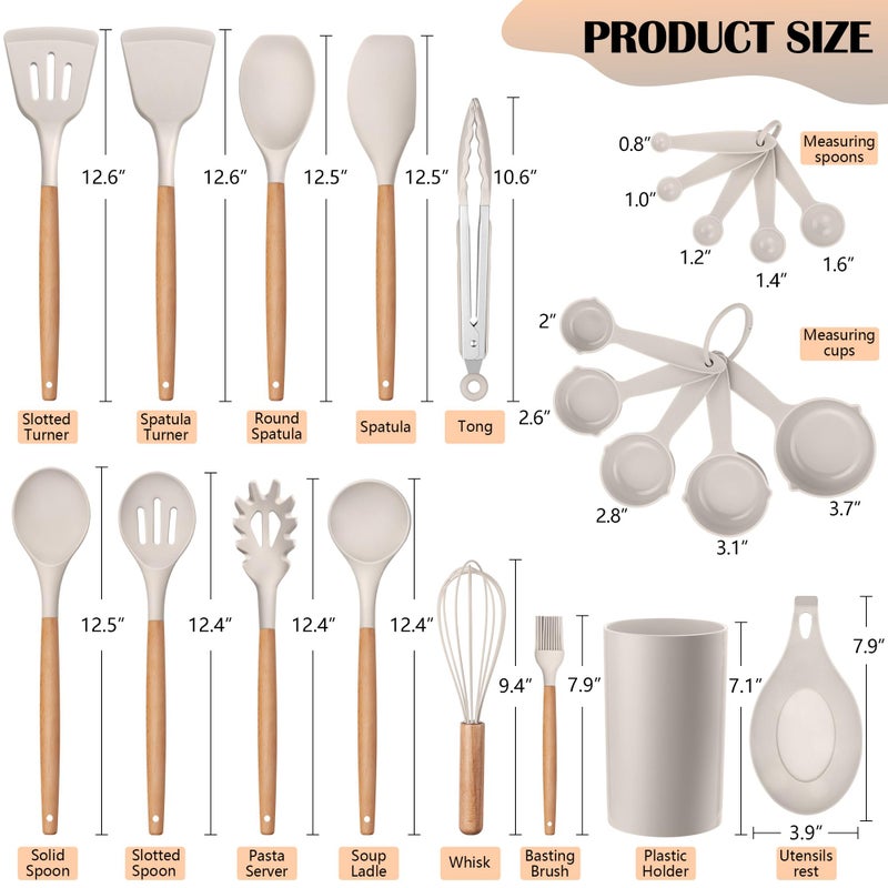 HaWare Kitchen Cooking Utensils Set, 23-Piece Silicone Kitchen Utensils Spatula Set with Holder, Heat Resistant Wooden Handle Kitchen Gadget for Nonstick Cookware, Food-grade Turner Spoon Sets (Khaki) - Image 2