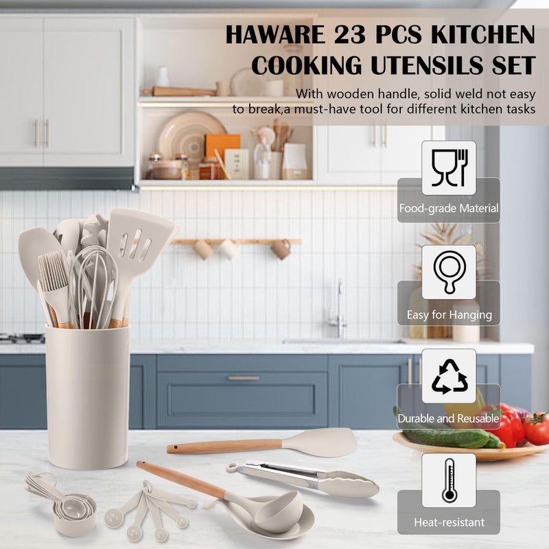 HaWare Kitchen Cooking Utensils Set, 23-Piece Silicone Kitchen Utensils Spatula Set with Holder, Heat Resistant Wooden Handle Kitchen Gadget for Nonstick Cookware, Food-grade Turner Spoon Sets (Khaki) - Image 3