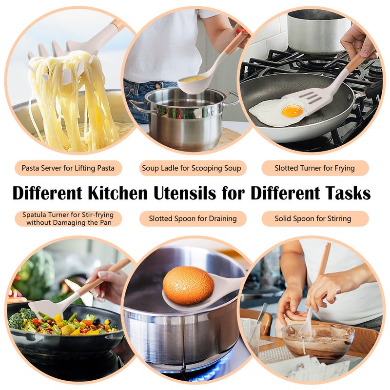 HaWare Kitchen Cooking Utensils Set, 23-Piece Silicone Kitchen Utensils Spatula Set with Holder, Heat Resistant Wooden Handle Kitchen Gadget for Nonstick Cookware, Food-grade Turner Spoon Sets (Khaki) - Image 5